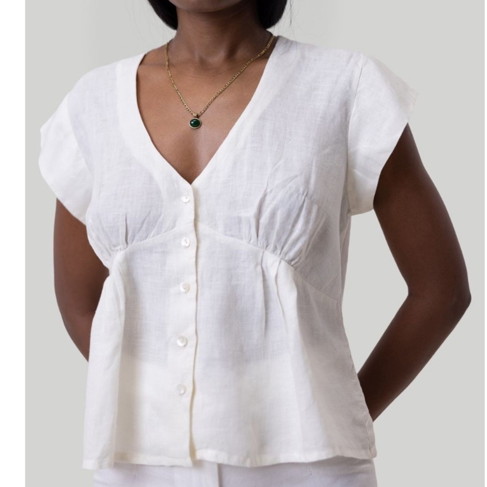 Reistor (Madewell) Deep V-Neck Short Off-White Top 100% hemp